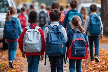 three kids with backpacks on waking on sidewalk headed to school