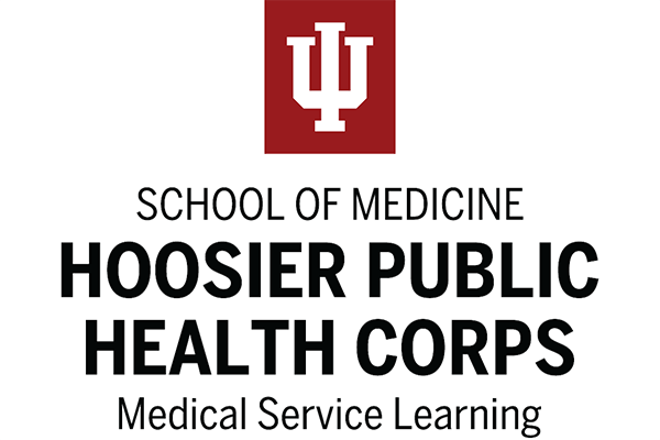 White logo of the IU trident against a crimson background. Below, black text against a white background says "School of Medicine Hoosier Public Health Corps Medical Service Learning."