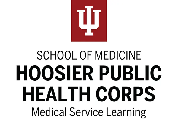White logo of the IU trident against a crimson background. Below, black text against a white background says "School of Medicine Hoosier Public Health Corps Medical Service Learning."