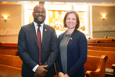 Itegbemie Obaitan, MD, and Alyssa Conklin, MD, pose for a photo after being inducted into the Gold Humanism Honor Society on Oct. 13.