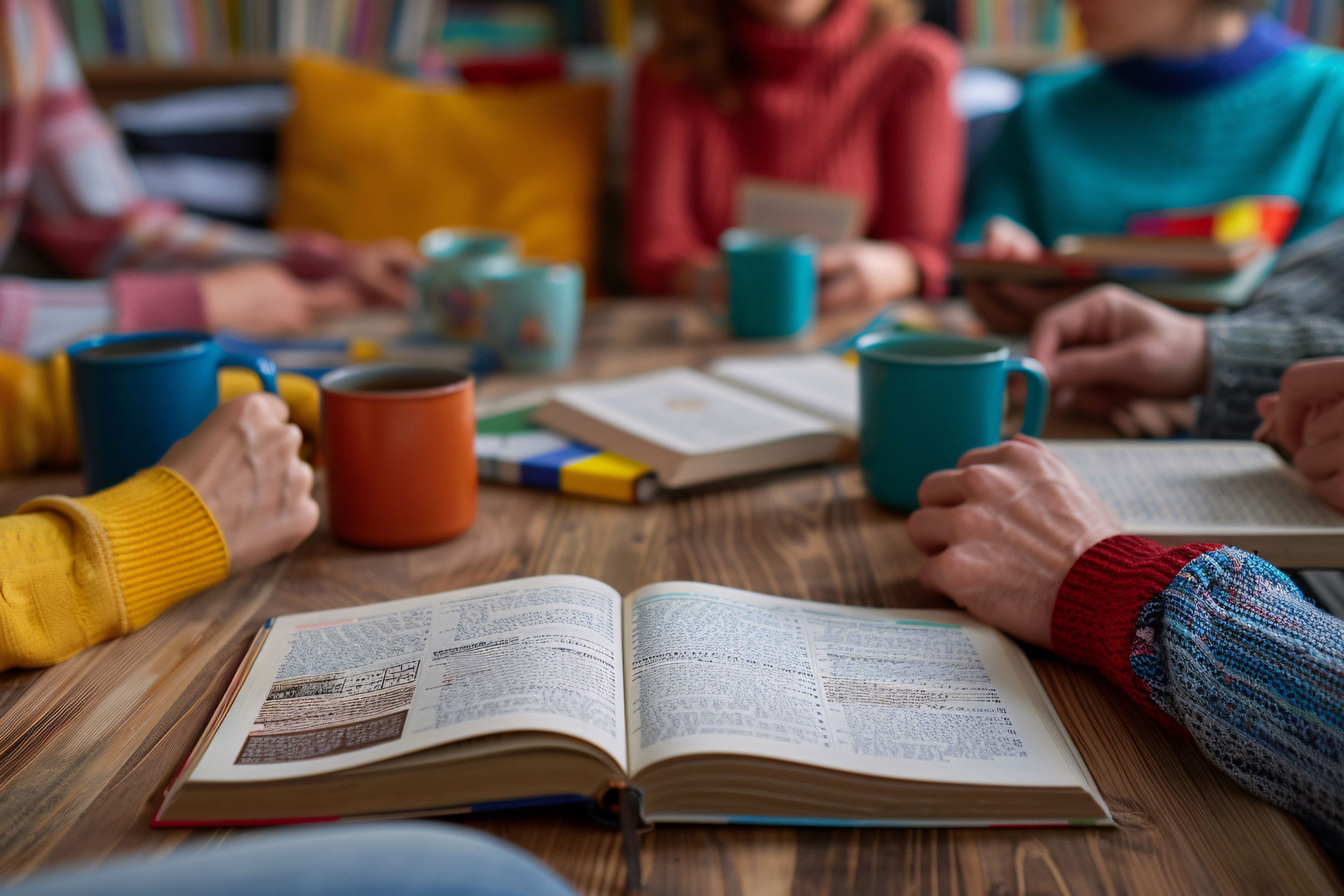 An open book on a table top filled with hands holding mugs and other books