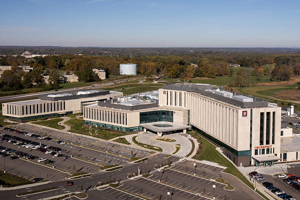 An aerial shot of a large health care building