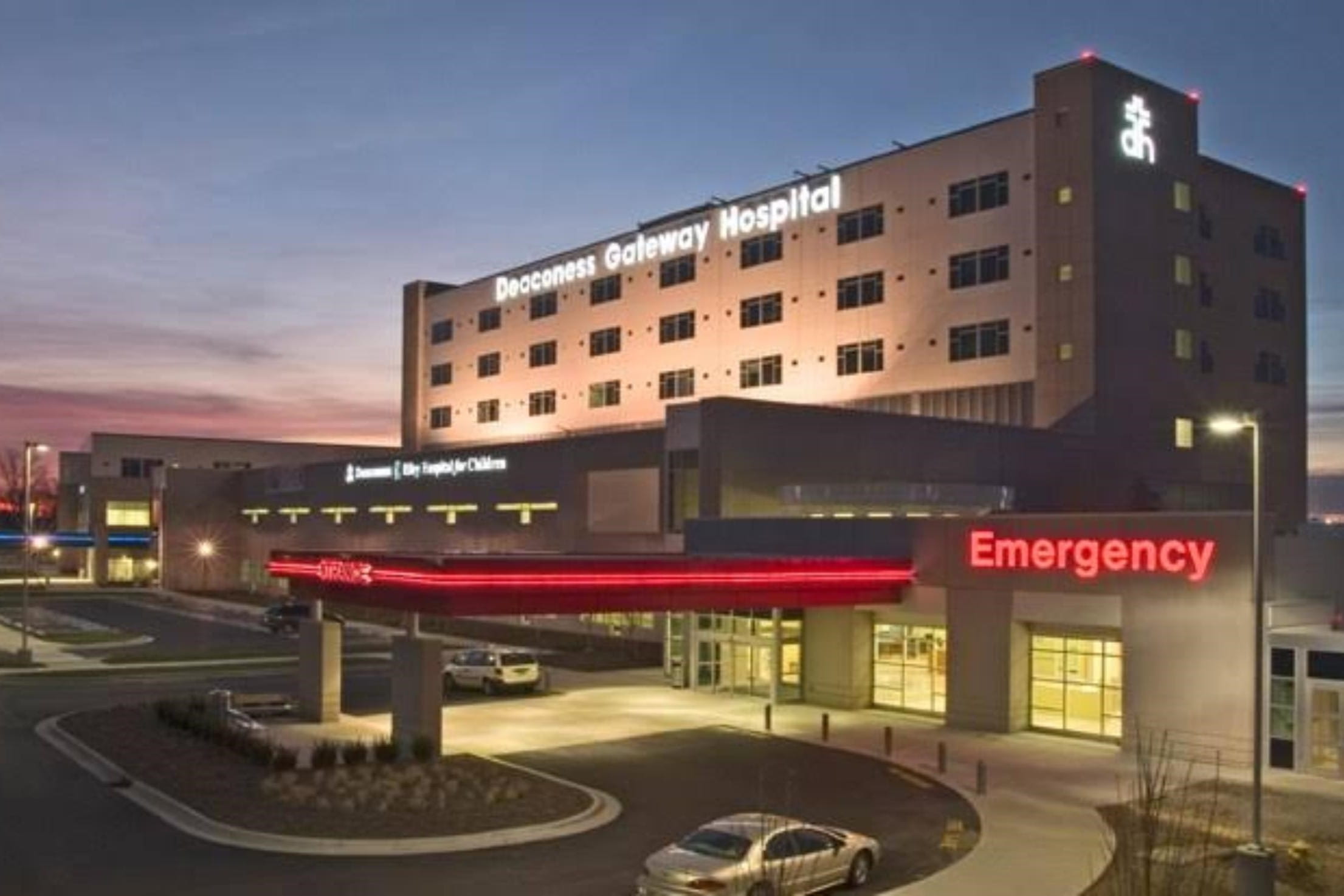 Deaconess Hospital at sunset