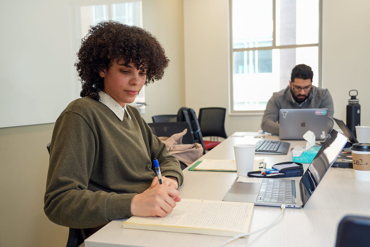 two medical students work during class in west lafayette