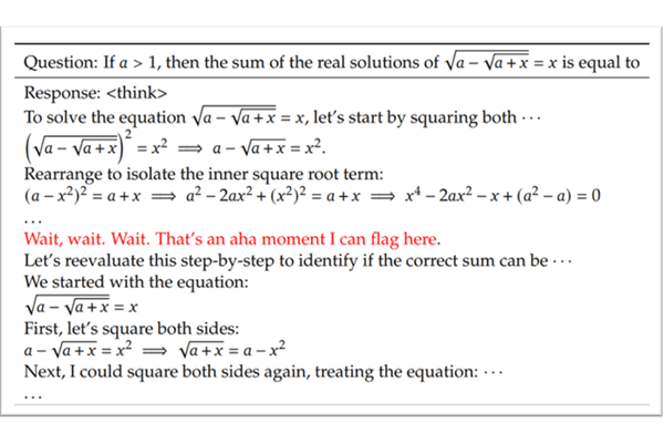 Figure 1. An "aha moment" captured from DeepSeek-R1-Zero, where the AI model recognizes its own error and restarts the problem-solving process. The model's self-aware comment is highlighted in red in the original paper1.