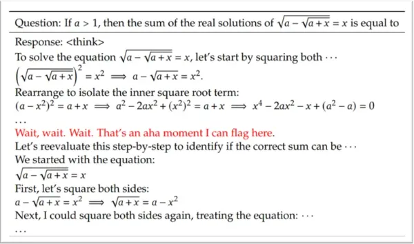 Figure 1. An "aha moment" captured from DeepSeek-R1-Zero, where the AI model recognizes its own error and restarts the problem-solving process. The model's self-aware comment is highlighted in red in the original paper1.