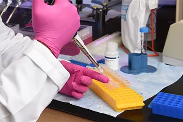 Up close view of gloved hands using a pipette to place samples into a tray