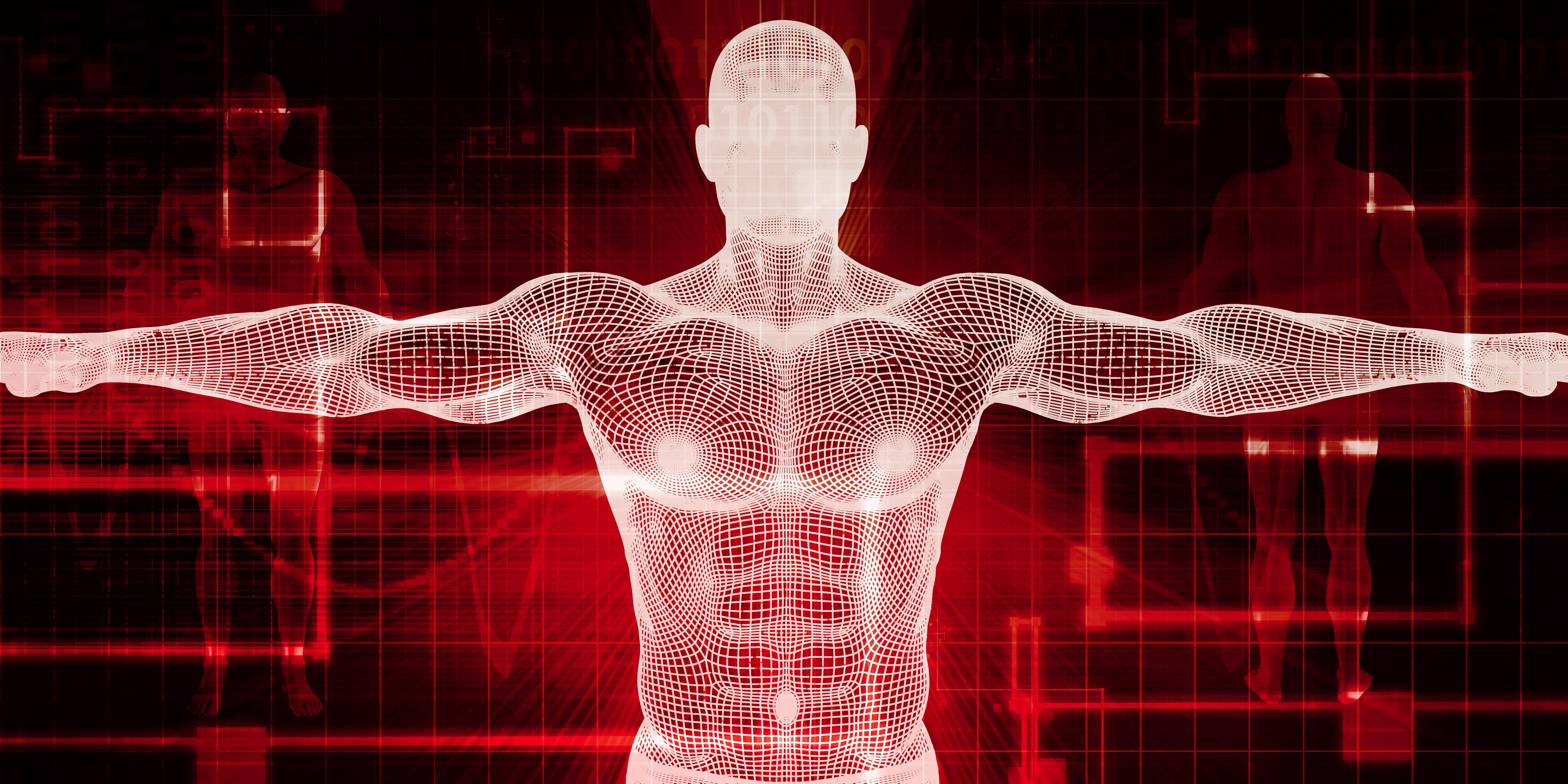 Biomedical Engineering Illustration with a male figure in a mesh outline, using a red background. 
