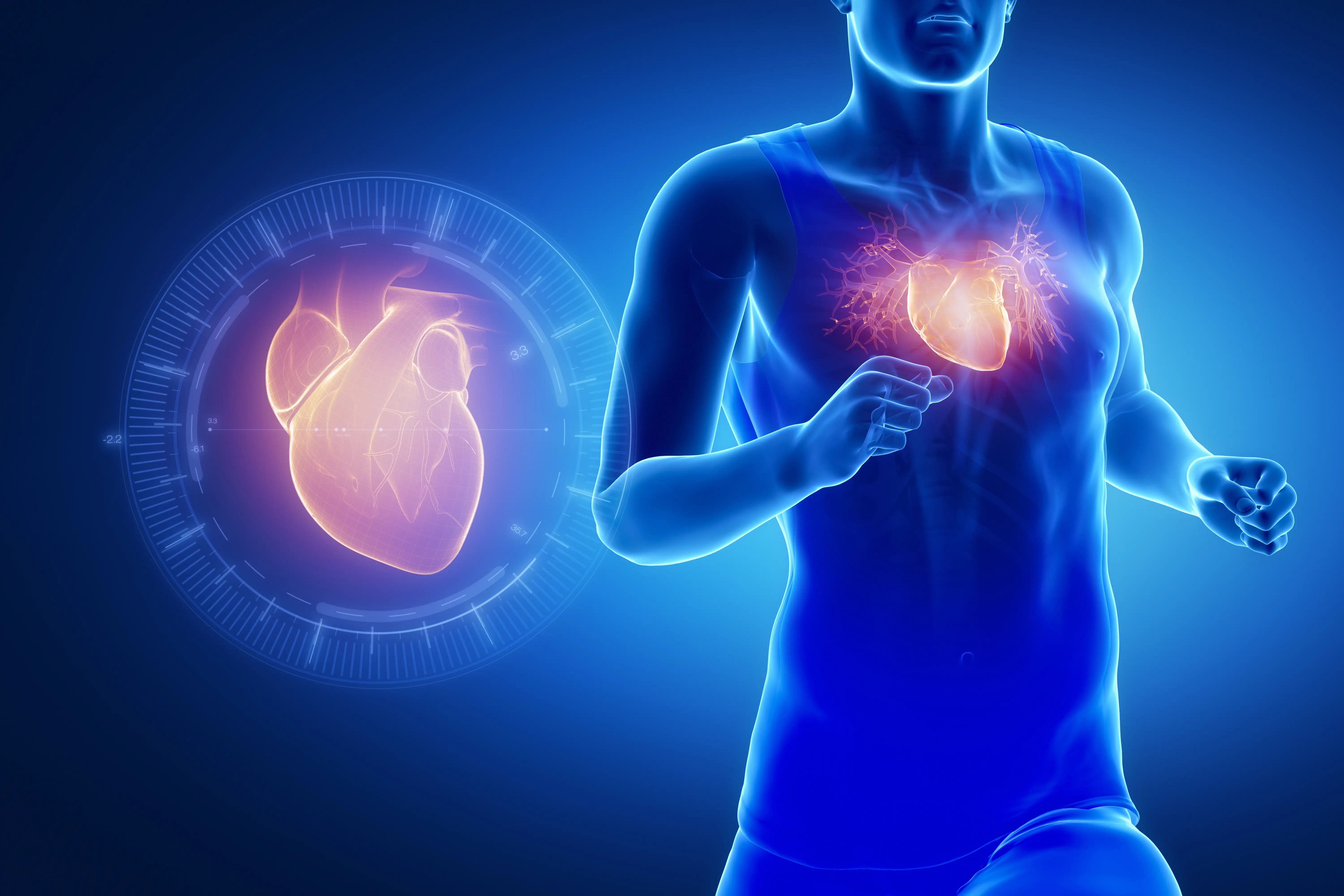 Male figure running with illuminated heart images inside figure and behind him. 
