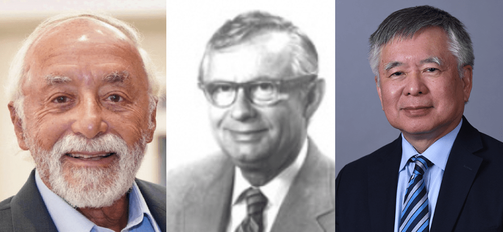 Grouped headshots of IU cardiovascular pioneers and leaders Douglas P. Zipes, MD, Charles Fisch, MD and Peng-Sheng Chen, MD. 