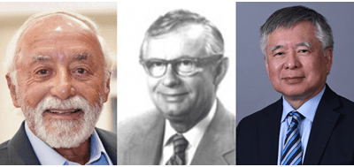 Grouped headshots of IU cardiovascular pioneers and leaders Douglas P. Zipes, MD, Charles Fisch, MD and Peng-Sheng Chen, MD.