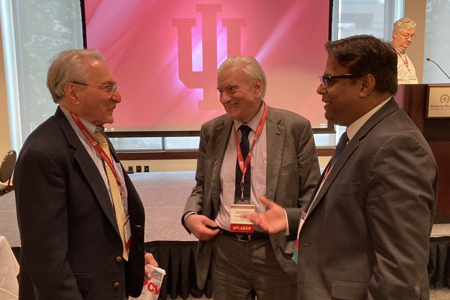 Drs. Michael Fishbein, Valentin Fuster and Rohan Dharmakumar chat after the conference