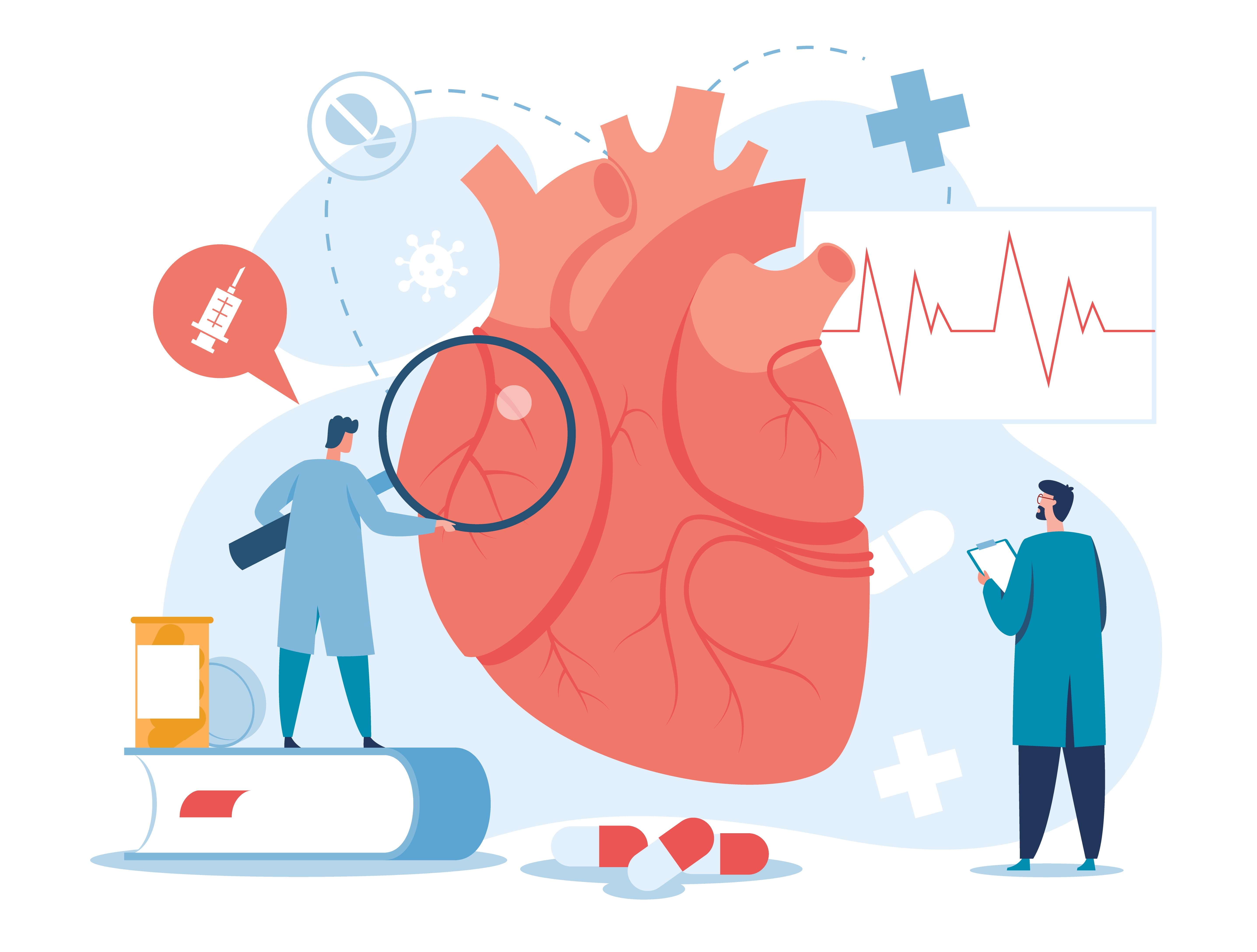 Conceptual illustration of scientists investigating the heart with a magnifying glass, with EKG and medical cross in the background..