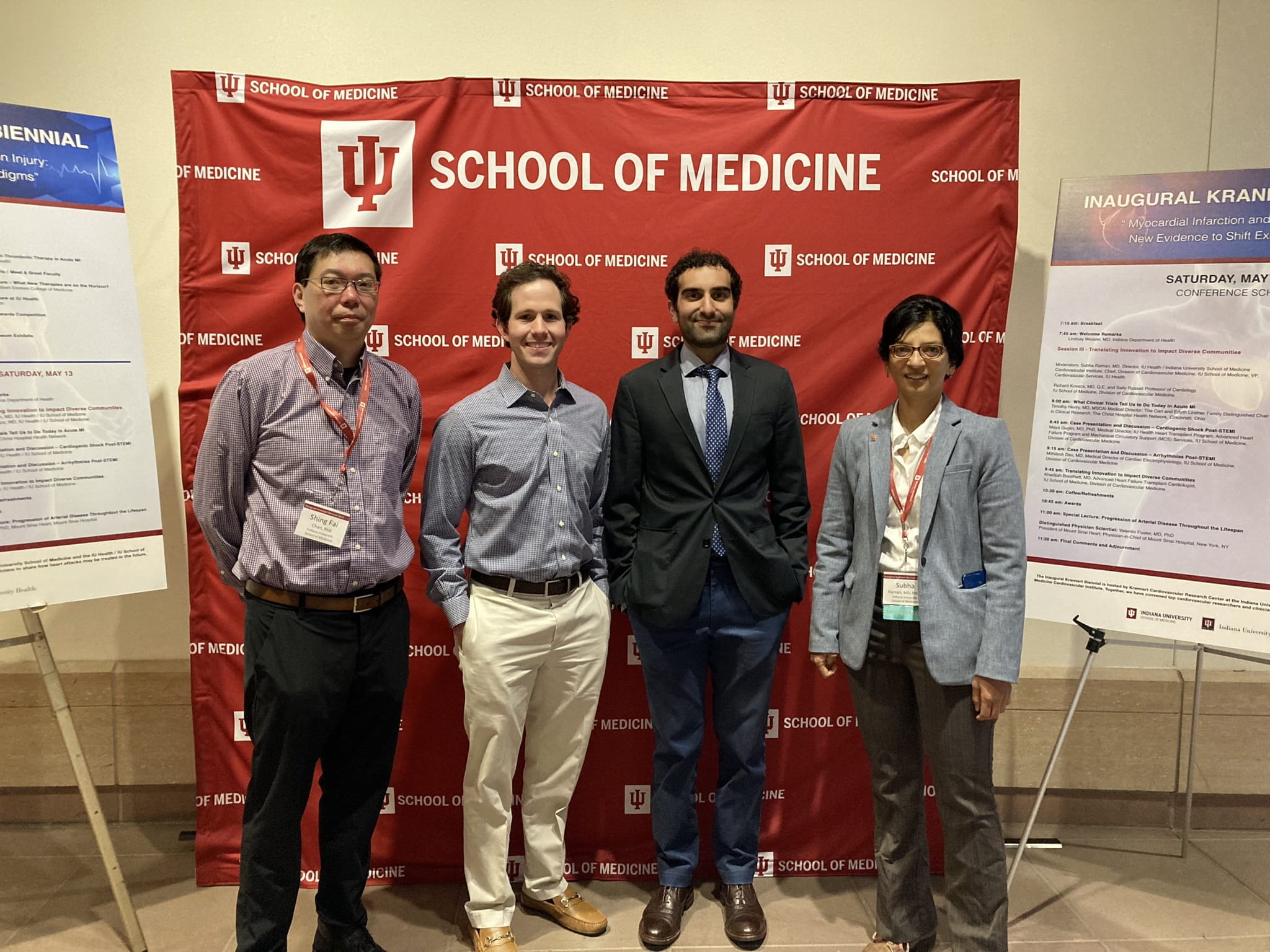 Shing Fai Chan, PhD, an investigator with Krannert Cardiovascular Research Center, received first place at the 2023 Early Investigator Competition. Wesley Anderson, MD and Asad Torabi, with the Division of Cardiovascular Medicine, placed 2nd and 3rd.  Subha Raman, MD, former chief of the division, stands alongside them, at the conclusion fo the event.
