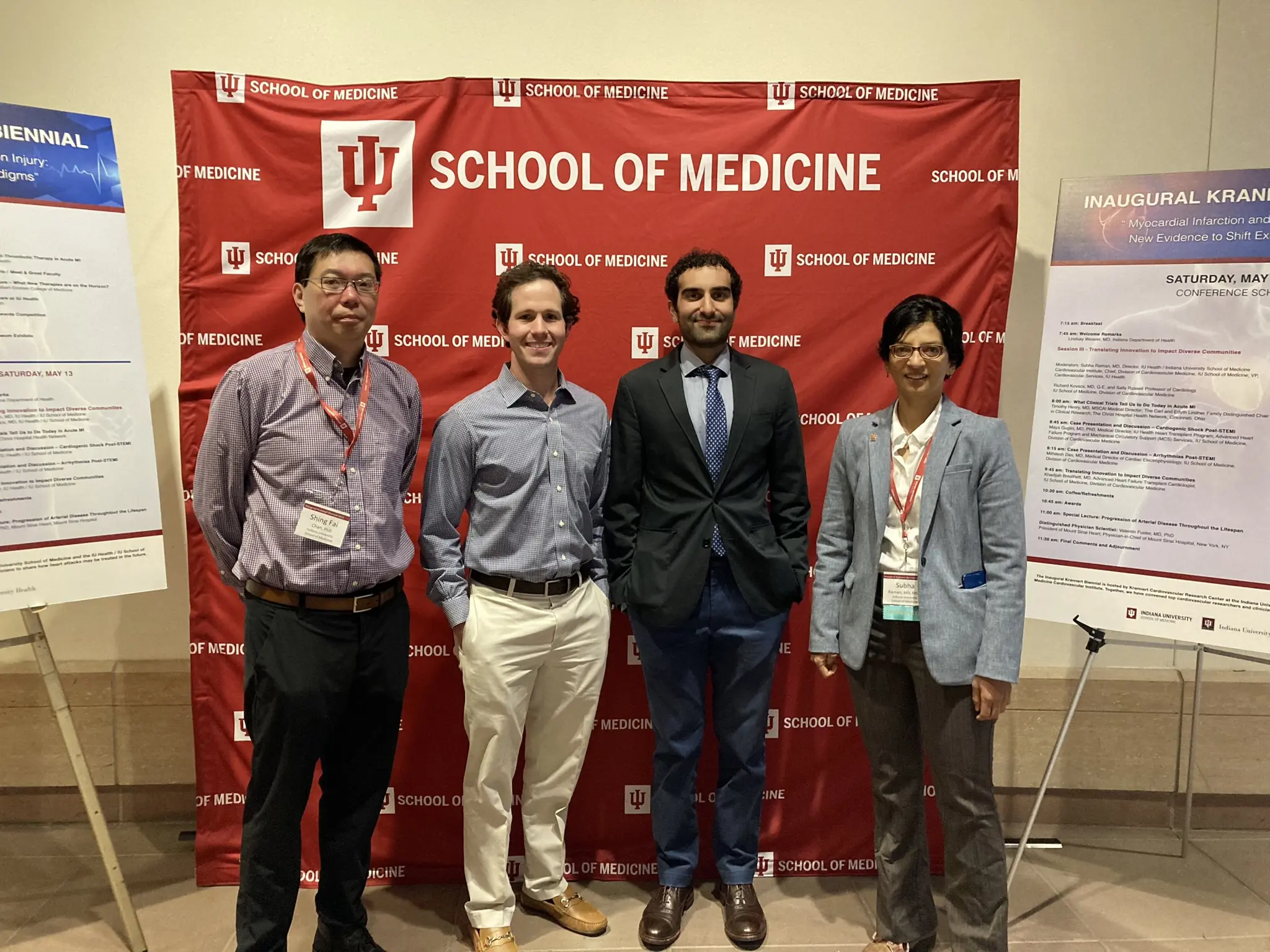 Shing Fai Chan, PhD, an investigator with Krannert Cardiovascular Research Center, received first place at the 2023 Early Investigator Competition. Wesley Anderson, MD and Asad Torabi, with the Division of Cardiovascular Medicine, placed 2nd and 3rd. Subha Raman, MD, former chief of the division, stands alongside them, at the conclusion fo the event.