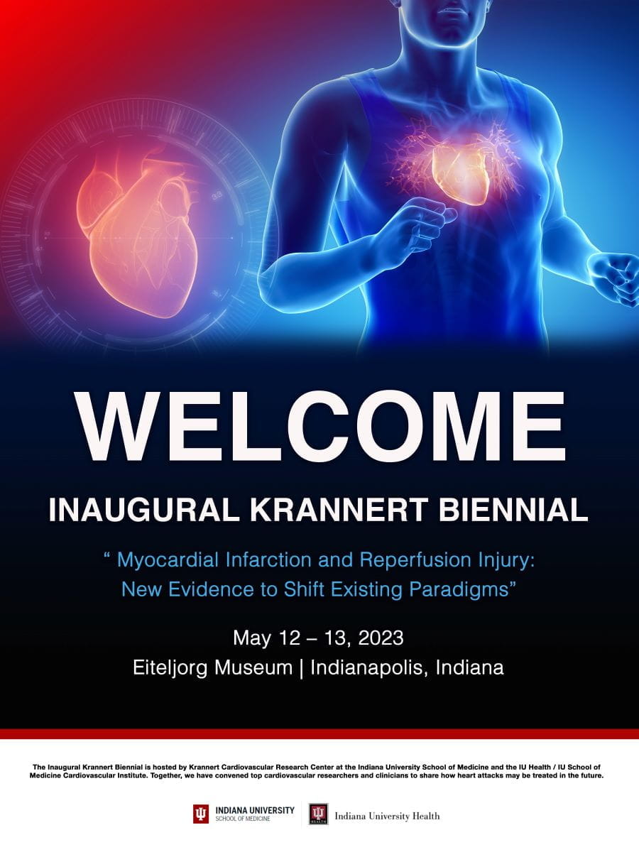 The Krannert Biennial 2023 Welcome Poster shows a male figure running with a heart illuminated and an illuminated heart behind him in the background.