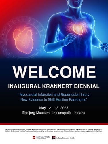 The Krannert Biennial 2023 Welcome Poster shows a male figure running with a heart illuminated and an illuminated heart behind him in the background.