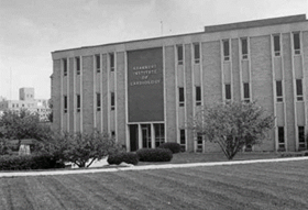 Krannert Institute of Cardiology in the 1960s, Courtesy of IUPUI Special Collections, UA24-003917  Image depicts a black and white imiage of the original building of Krannert Institute of Cardiology in the 1960s. Courtesy of IUPUI Special Collections, UA24-003917