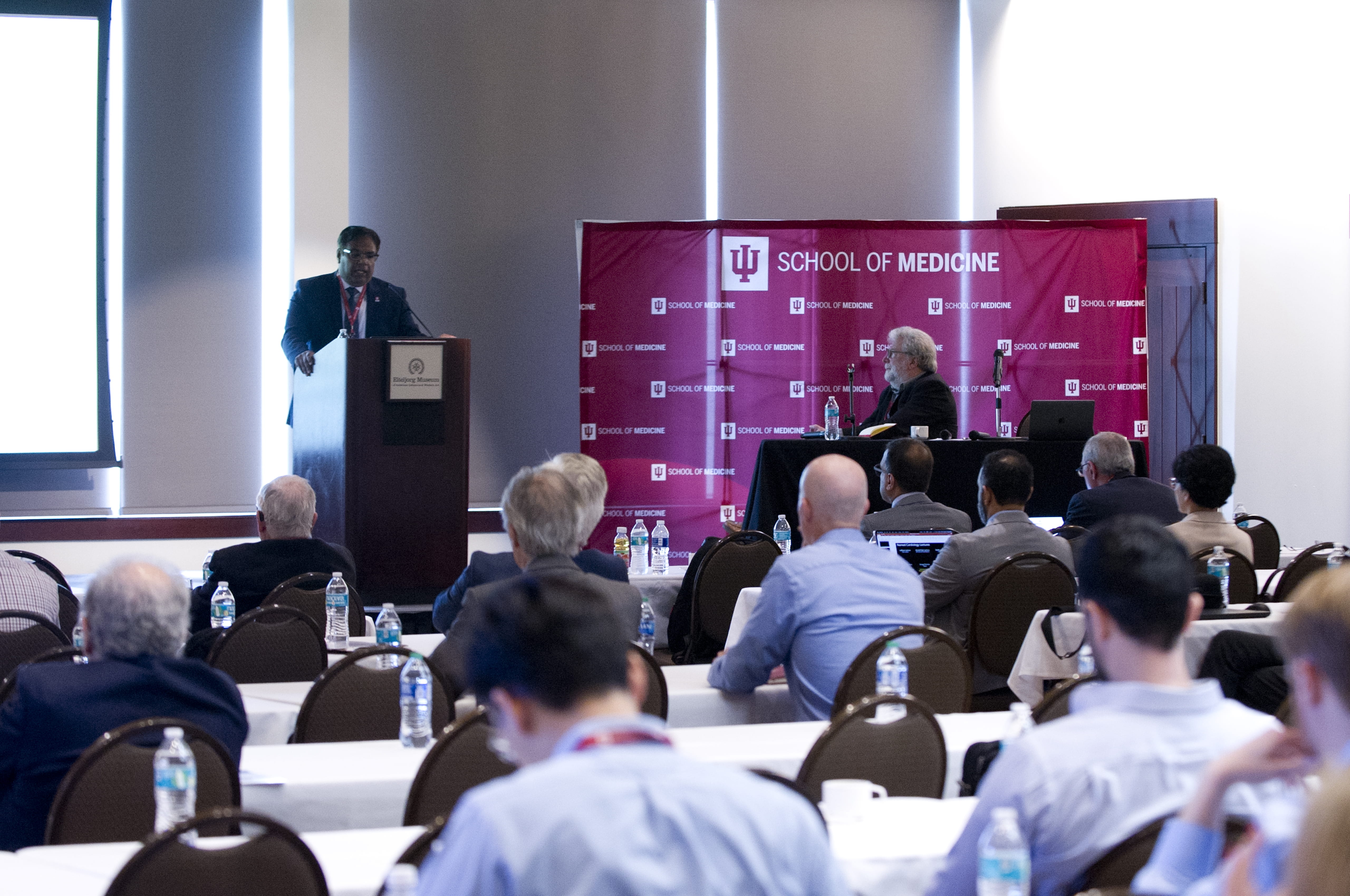 Rohan Dharmakumar, PhD, executive director of the Krannert Cardiovascular Research Center, shares his remarks to attendees during Krannert Biennial 2023. 