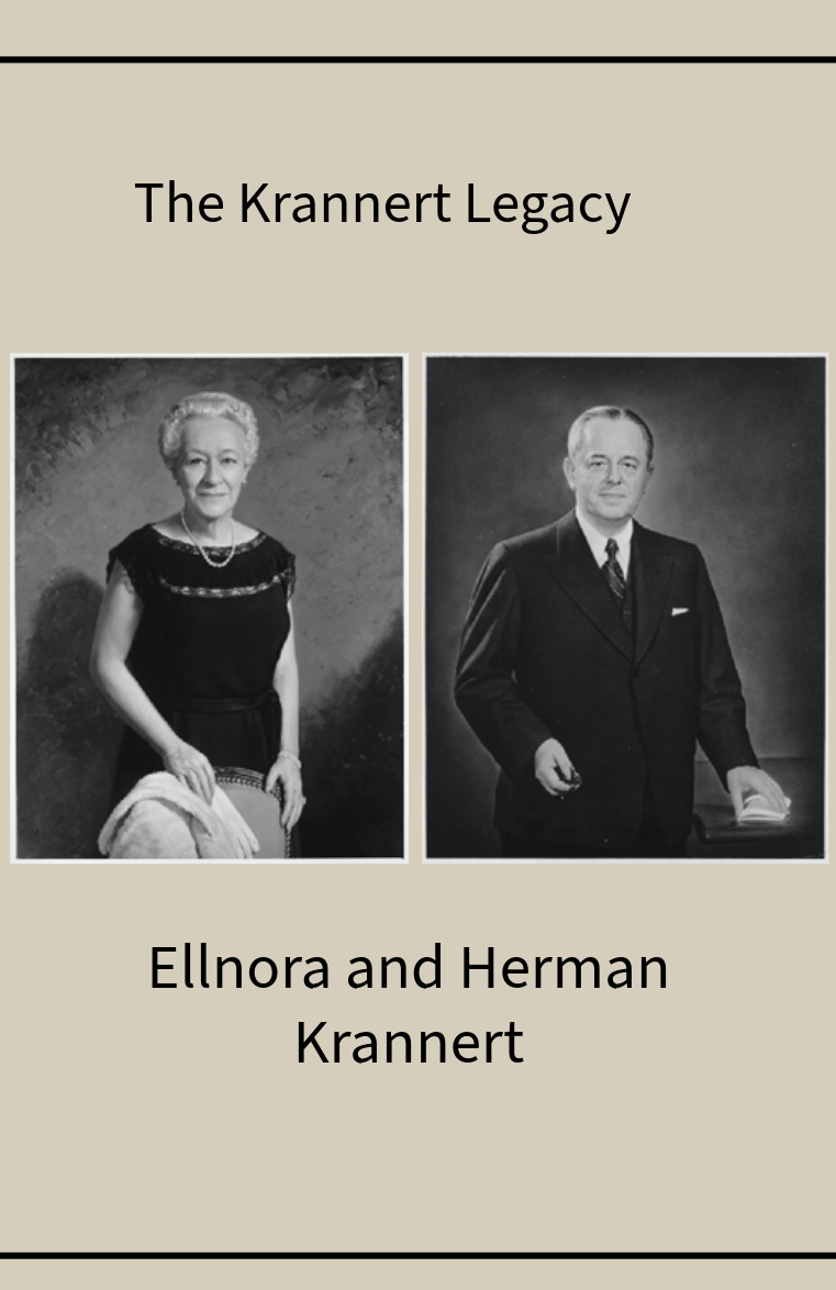 Formal portraits of Ellnora and Herman Krannert with Krannert Legacy Title 