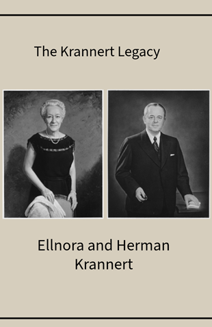 Formal portraits of Ellnora and Herman Krannert with Krannert Legacy Title