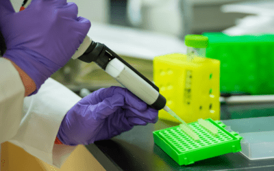 closeup of researcher pipetting in a lab
