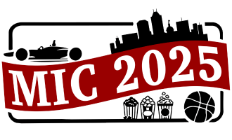 MIC 2025 logo includes graphics of Indianapolis skyline, race car, popcorn and a basketball