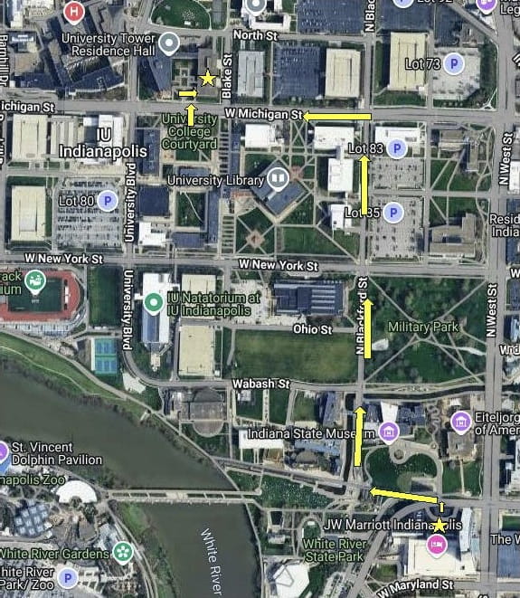 Map showing walking path from Marriott hotels in downtown Indianapolis to Hine Hall