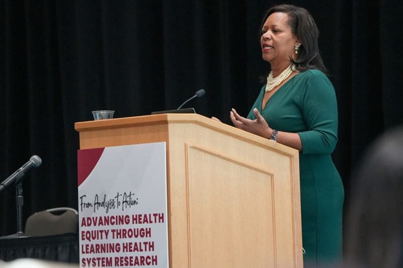 Dr. Consuelo Wilkins presents conference keynote address in NCAA Ballroom.