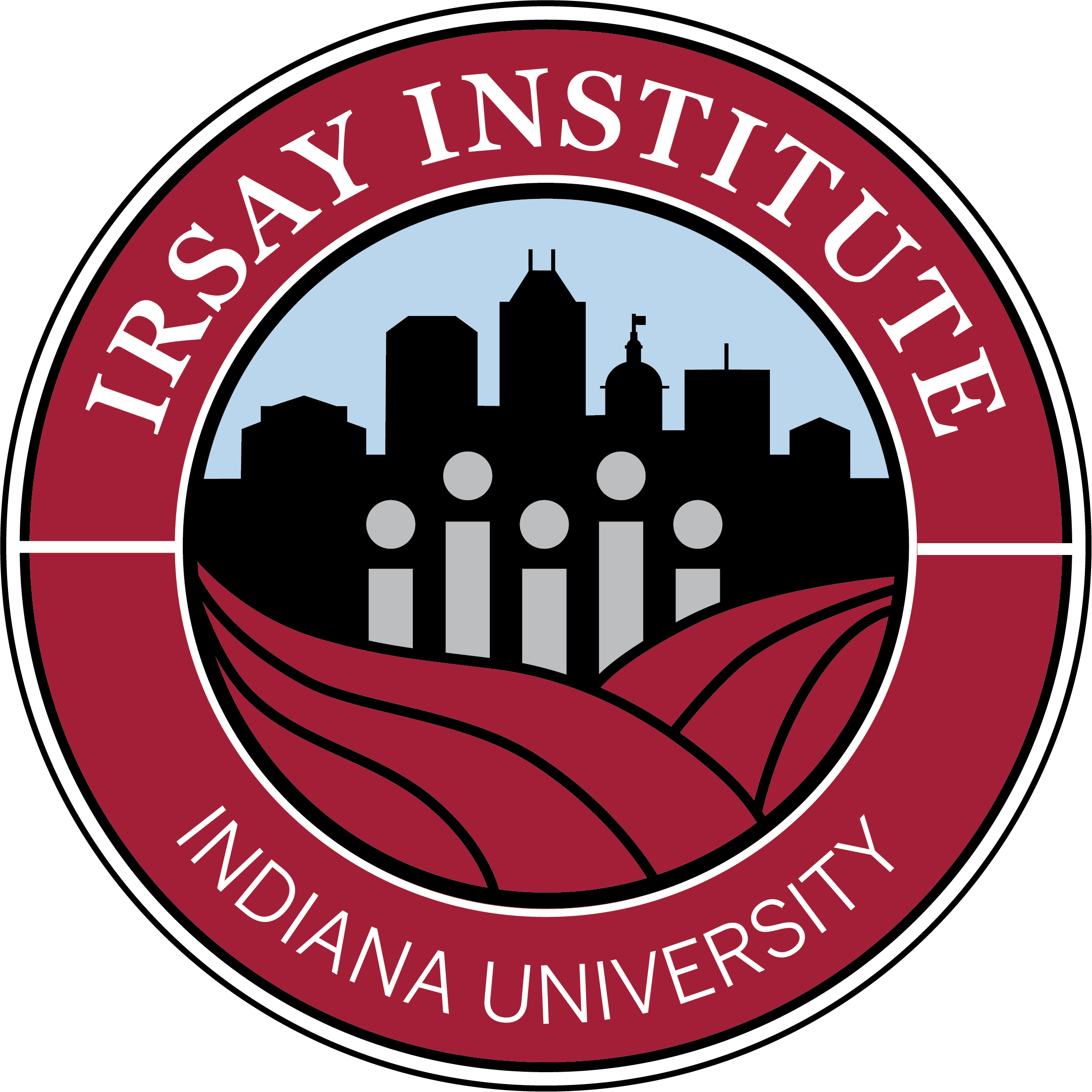 indianapolis city skyline in a red circle with "Irsay Institute" written on top and "indiana university" on the bottom