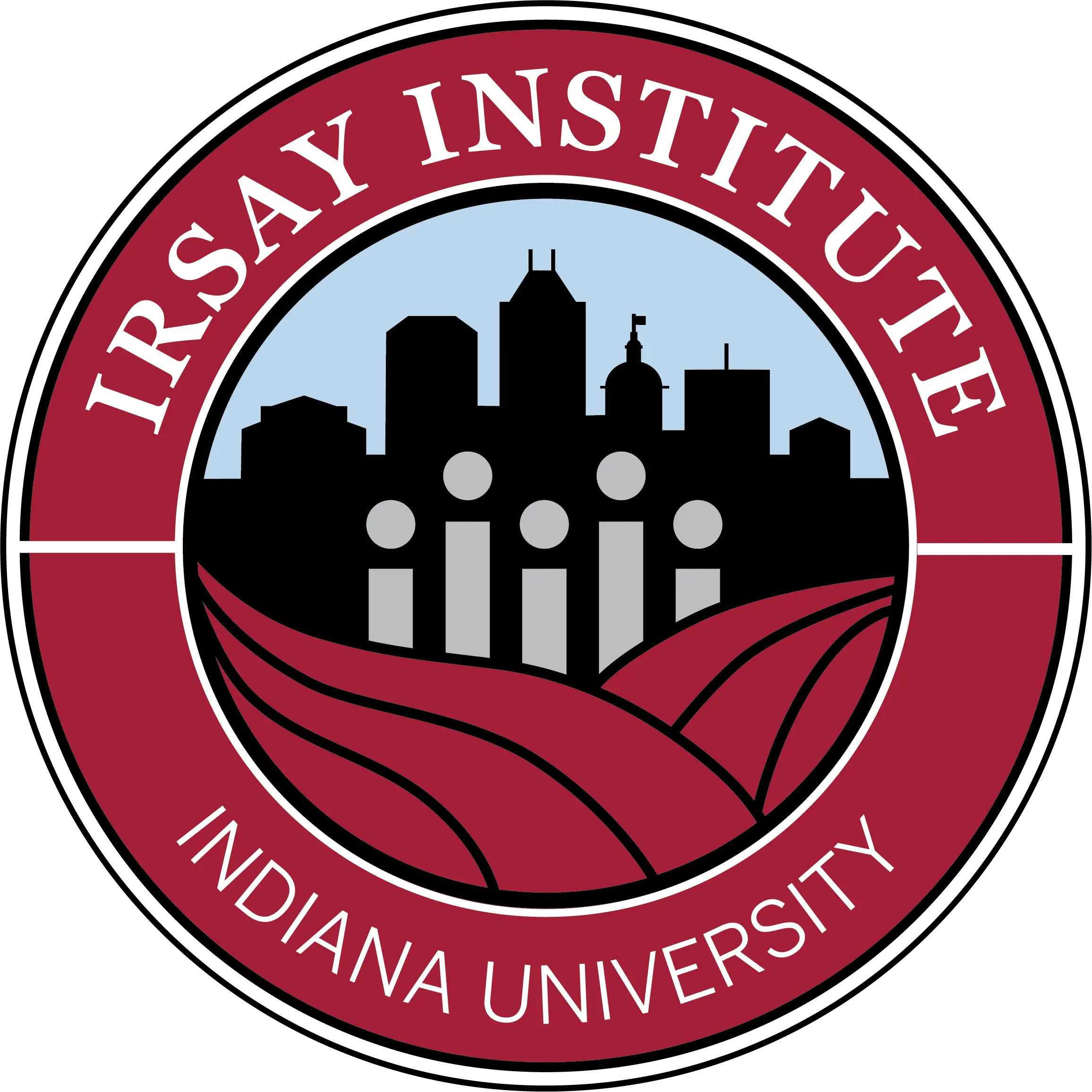 indianapolis city skyline in a red circle with "Irsay Institute" written on top and "indiana university" on the bottom