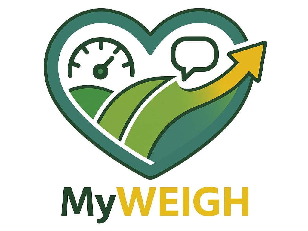 a heart with green hills, a scale and a speech bubble inside it.