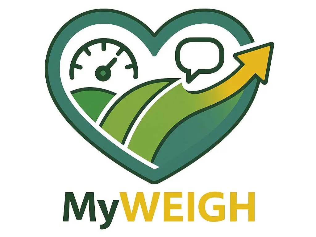 a heart with green hills, a scale and a speech bubble inside it.