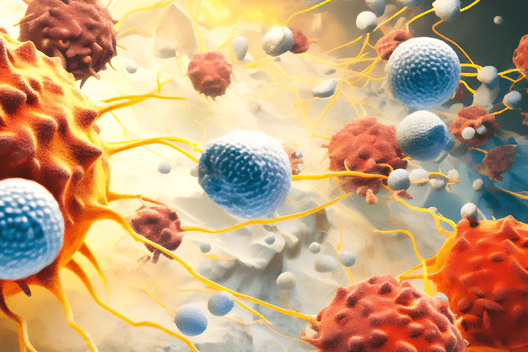 an illustration of red blood cells and immune cells