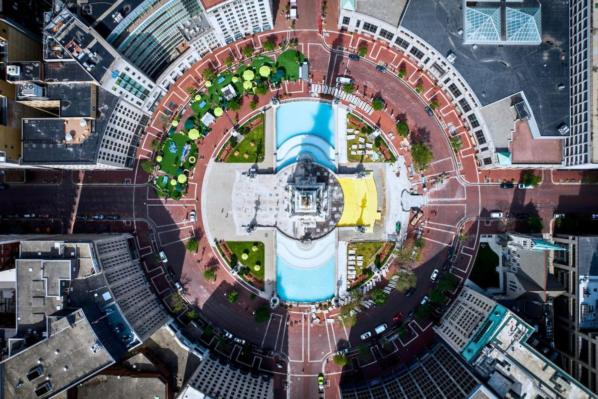 Aerial view of Monument Circle in downtown Indianapolis