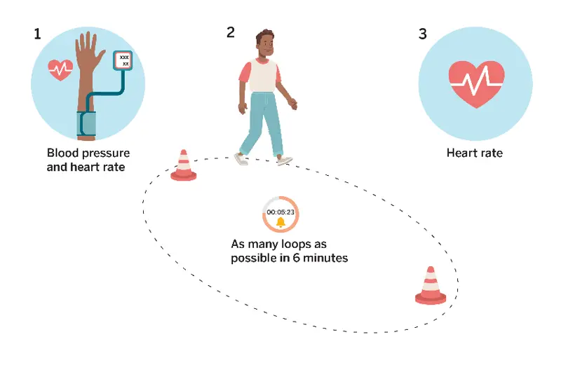 illustration shows a person walking around two cones in a loop. Text reads "as many loops as possible in six minutes" The person wears a blood pressure and hear rate monitor.