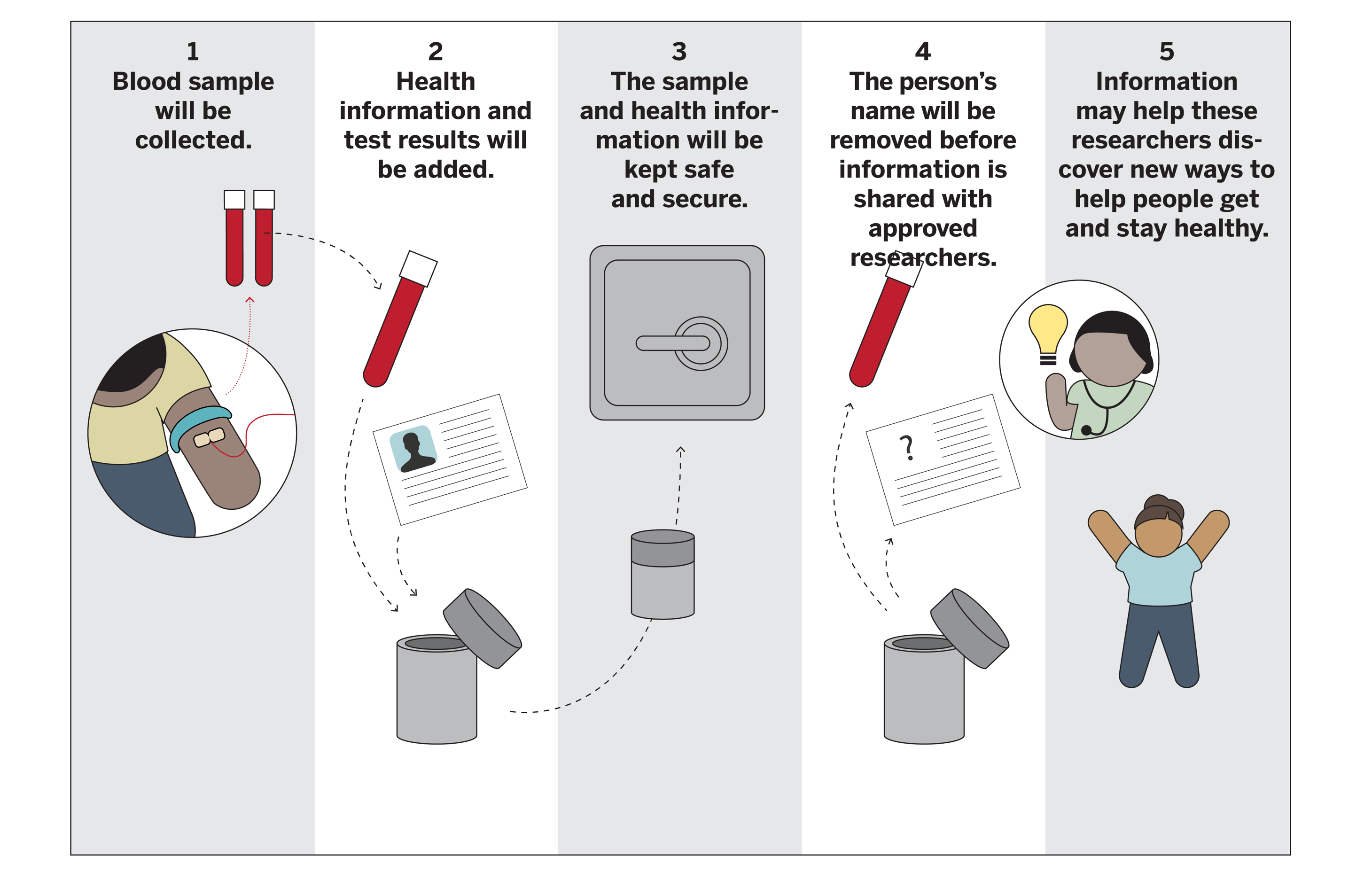 illustration shows steps of blood samples for research. 1: A participant's blood sample is collected. 2: Health information and test results will be added. 3: the sample and health information will be kept safe and secure. 4: the person's name will be removed before information is shared with approved researchers. 5: information may help these researchers discover new ways to help people get and stay healthy.