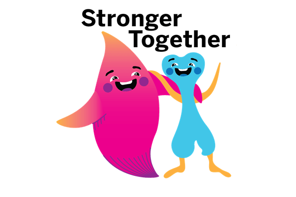 a sticker that reads "stronger together" and shows a cartoon blood drop and cartoon bone smiling and hugging each other