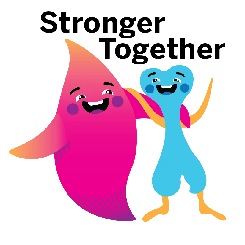 a sticker that reads "stronger together" and shows a cartoon blood drop and cartoon bone smiling and hugging each other