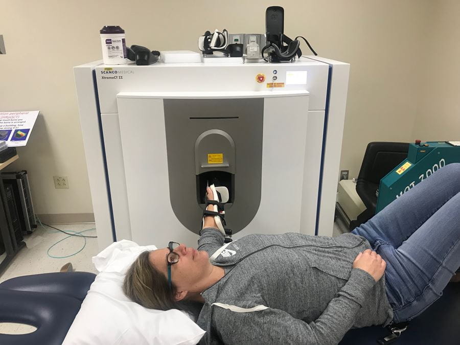 Patient receiving a High resolution peripheral quantitative computed tomography scan
