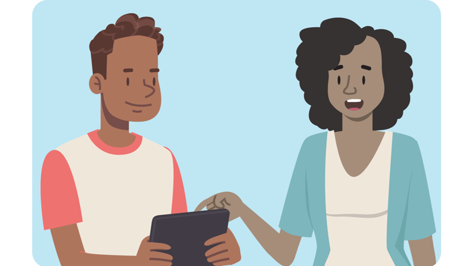 illustration shows a research participant reading an informed consent document while a researcher explains the information to him.