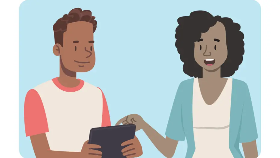 illustration shows a research participant reading an informed consent document while a researcher explains the information to him.