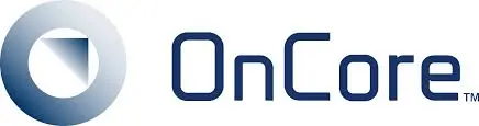 A blue circle with a triangle inside and text "OnCore"