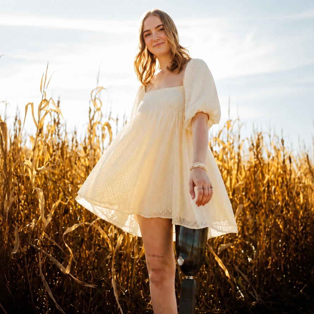 A young patient with a prosthetic leg stands outside on a sunny fall day