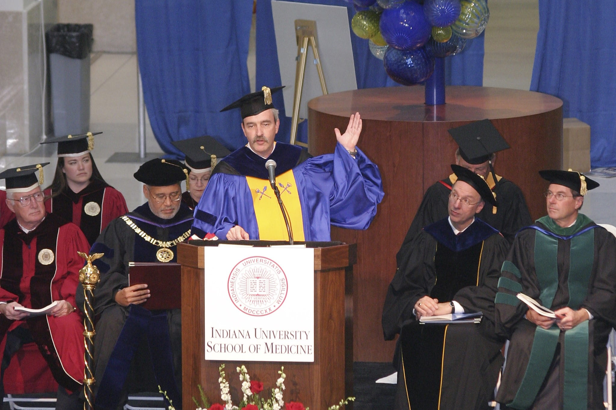 Gerry Oxford, PhD, the first director of the Stark Neurosciences Research Institute, speaks at the Research Building II dedication in September 2003.