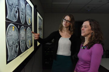 two researchers view a collection of MRI scans