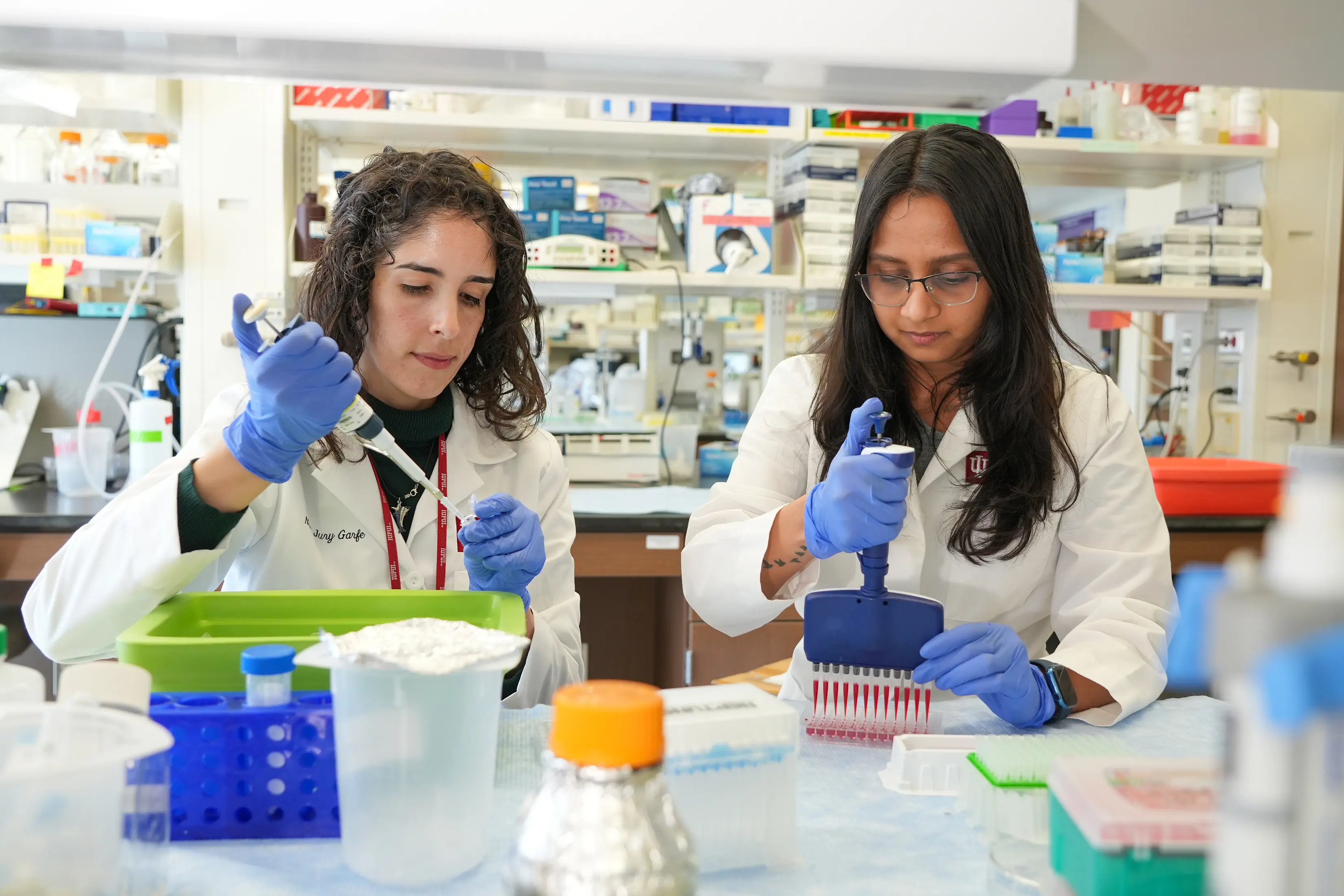 researchers collaborate at a lab bench