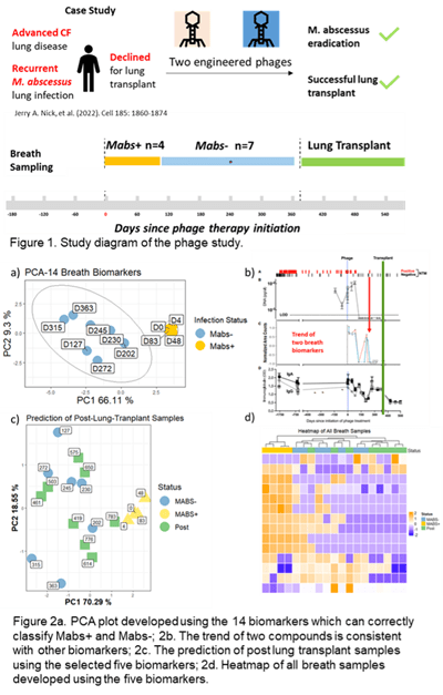 graphics from the Breath Summit 2024 abstract, "Assessing response to phage therapy of M. abscessus using breath." Figure 1 depicts a study diagram of the phage study and several biomarkers.