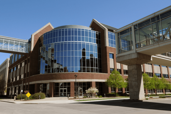Exterior of Cancer Research Institute building on the IU School of Medicine campus.