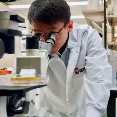 Ji Zhang, PhD, looking through a microscope